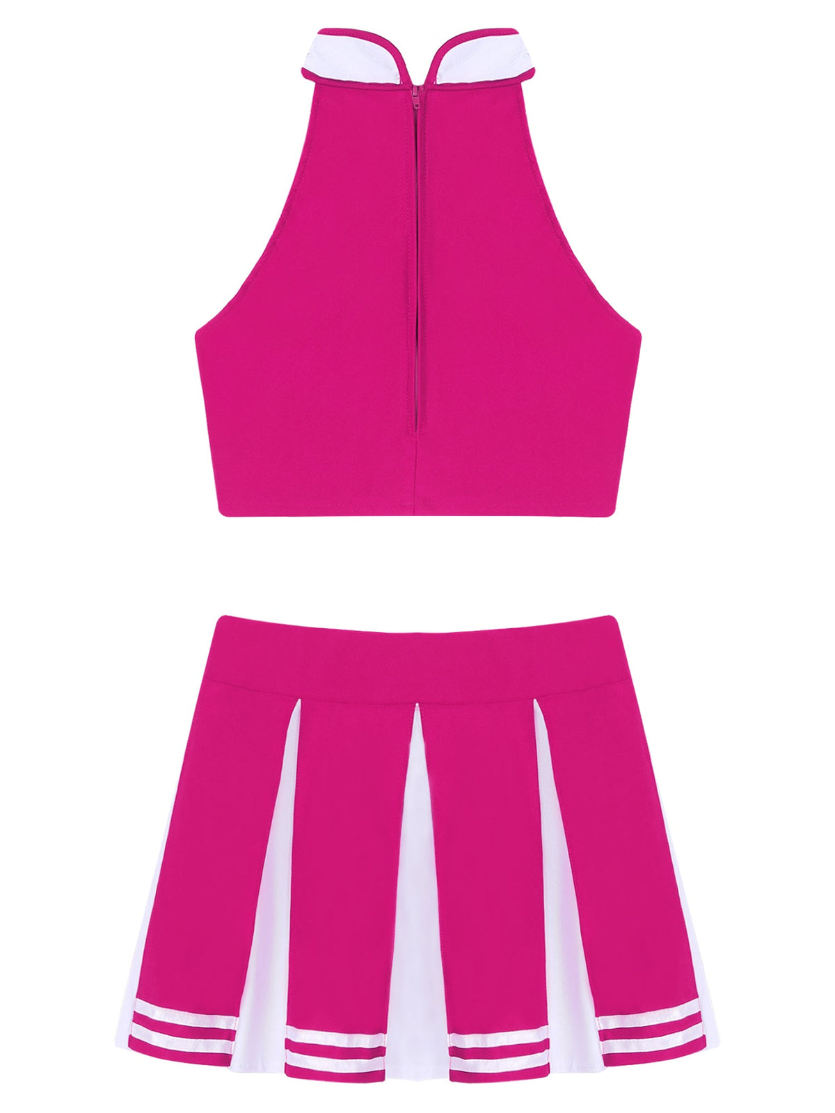 Women's cheerleader cosplay costume with stand collar crop top and mini pleated skirt, by The Clothing Company Sydney.
