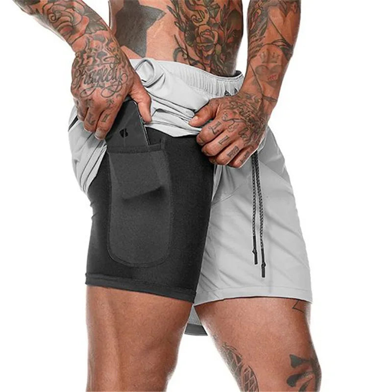 Men’s 2-in-1 running shorts from The Clothing Company Sydney featuring double-layer design for gym training and beach sports.