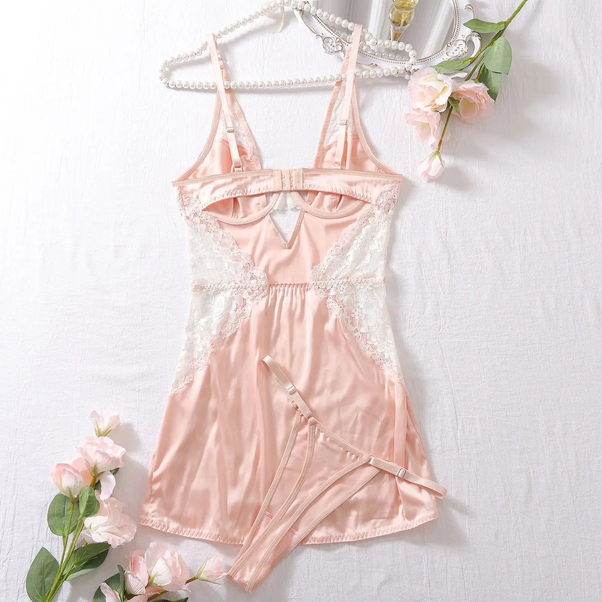 Deep-V neck satin lingerie slip dress with lace patchwork and split design, stylish nightwear for women by The Clothing Company Sydney.