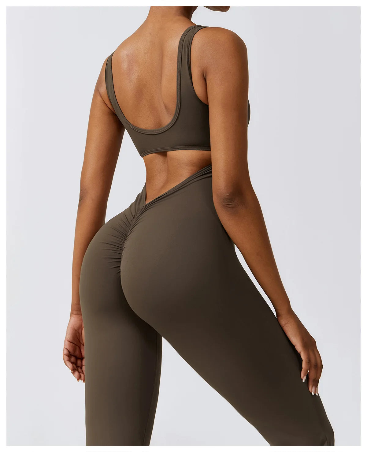 Open back V jumpsuit gym set for women by The Clothing Company Sydney, stretchy fitness romper ideal for yoga and workout training.