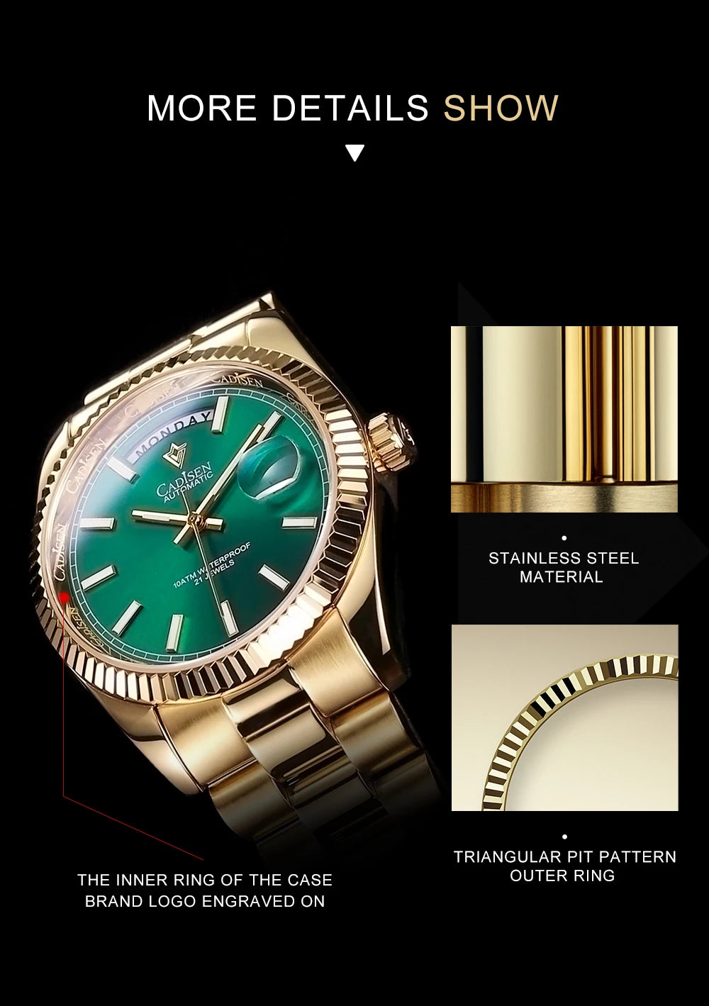Cadisen DD40 men's luxury automatic wristwatch with AR sapphire glass, Miyota 8285 movement, 10Bar water resistance.