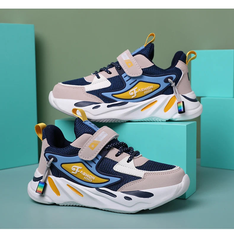 Boys’ breathable mesh sneakers by The Clothing Company Sydney, lightweight kids sports shoes with non-slip soles and hook & loop closure.