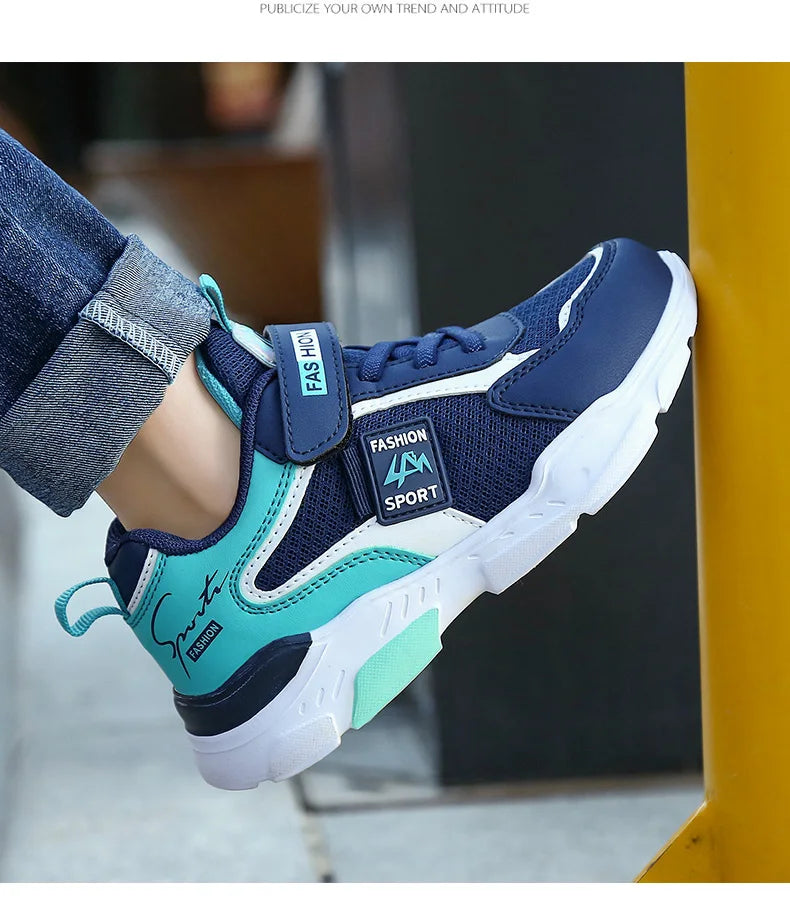 Kids' breathable summer sneakers from The Clothing Company Sydney, mesh running shoes with hook and loop straps for boys and girls.