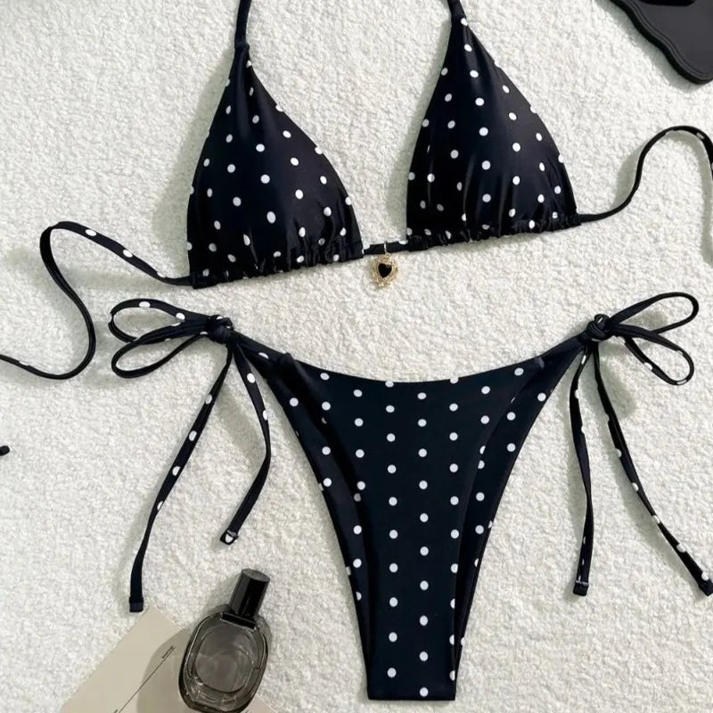 Black and white polka dot bikini set, two-piece swimsuit from The Clothing Company Sydney, perfect for beachwear and swimming.