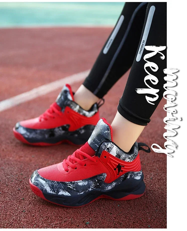 Kids basketball shoes from The Clothing Company Sydney featuring non-slip sports sneakers with colorful design and supportive soles.