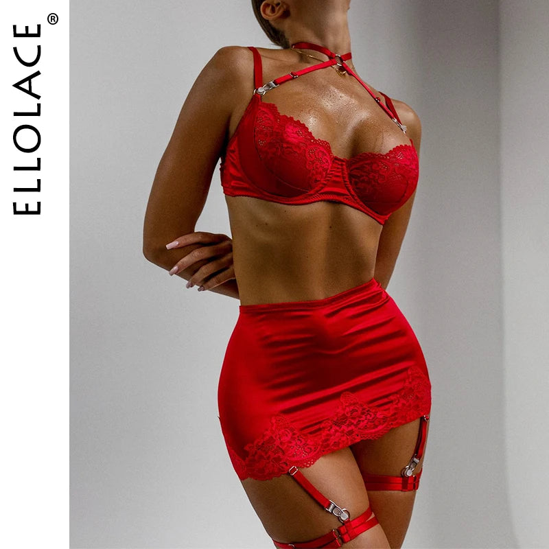 Lace lingerie set featuring a halter bra, heart g-string, and garter belt from The Clothing Company Sydney.