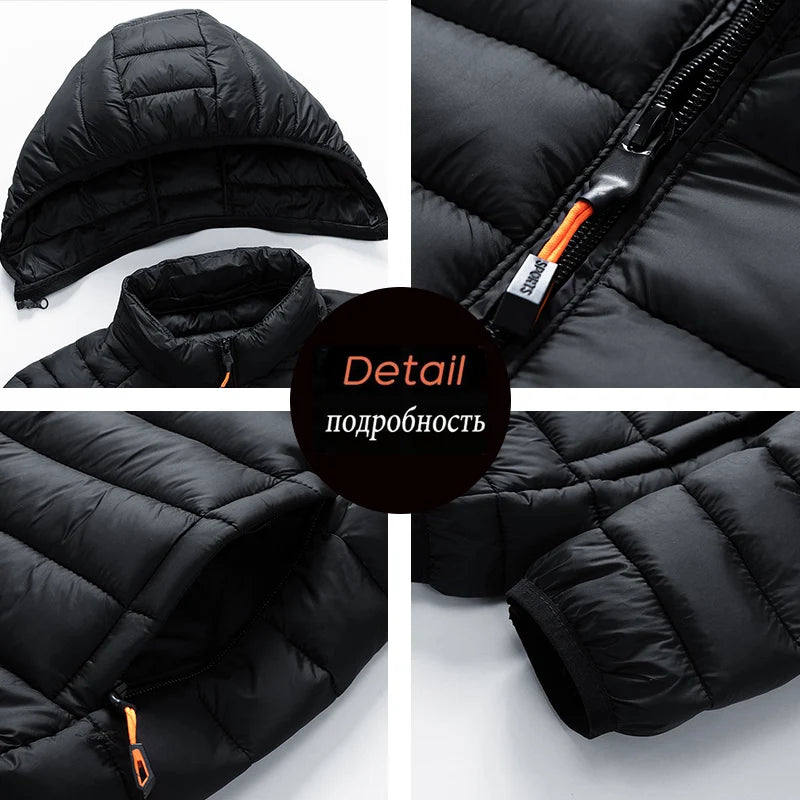 Men's hooded casual puffer down jacket by The Clothing Company Sydney, showing its insulated design and front zipper closure.