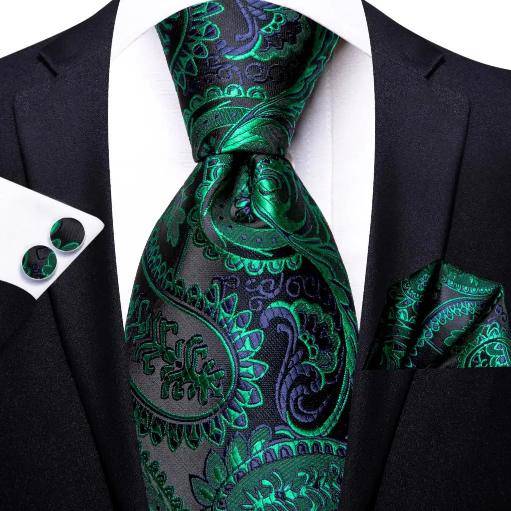 Green paisley silk tie set for men including necktie, pocket square, and cufflinks from The Clothing Company Sydney.
