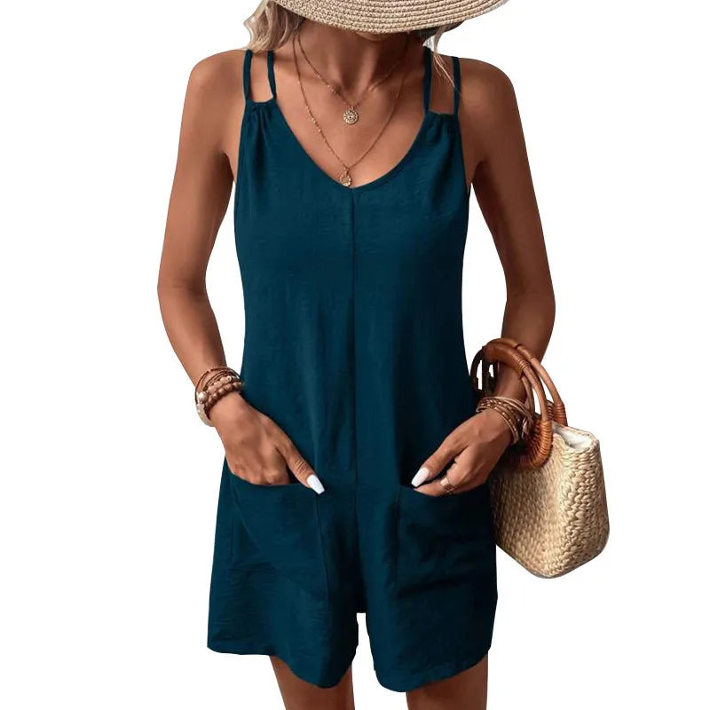 Women's casual summer romper jumpsuit from The Clothing Company Sydney with loose fit, sleeveless design, double sling straps, and pockets.
