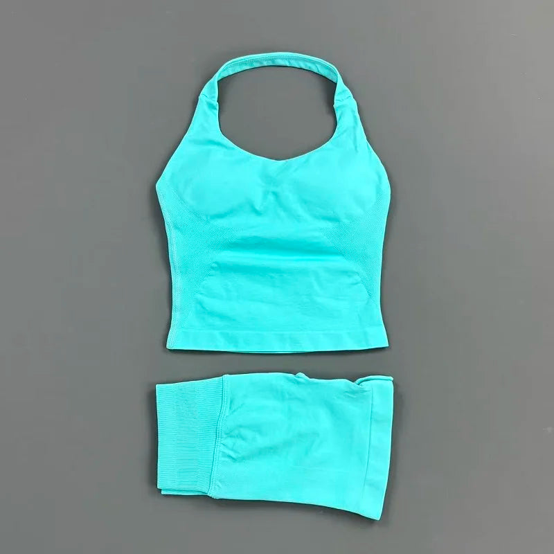 2 Piece Sports Halter Top Strappy Bra Shorts Matching Set Seamless Yoga Gym Running Fitness Shorts Suit