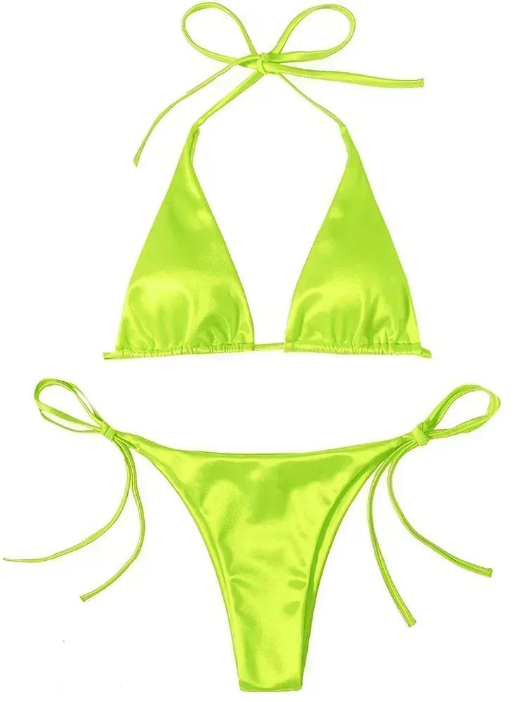 Two-piece Brazilian metallic satin swimsuit from The Clothing Company Sydney featuring a halter top and high-cut bottoms for beachwear.