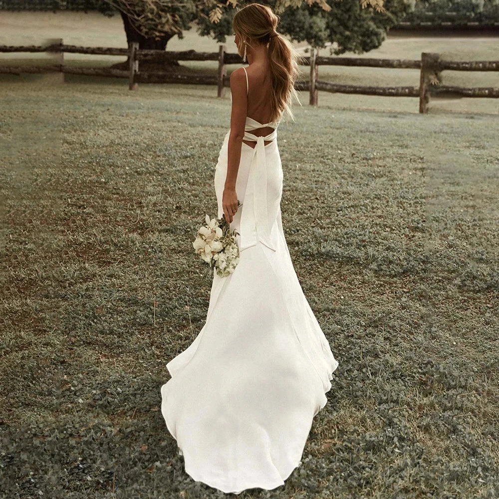 Customized Simple Mermaid White Spaghetti Straps High Slit Satin Backless Plain Bridal Gown Sweep Train Wedding Dress The Clothing Company Sydney