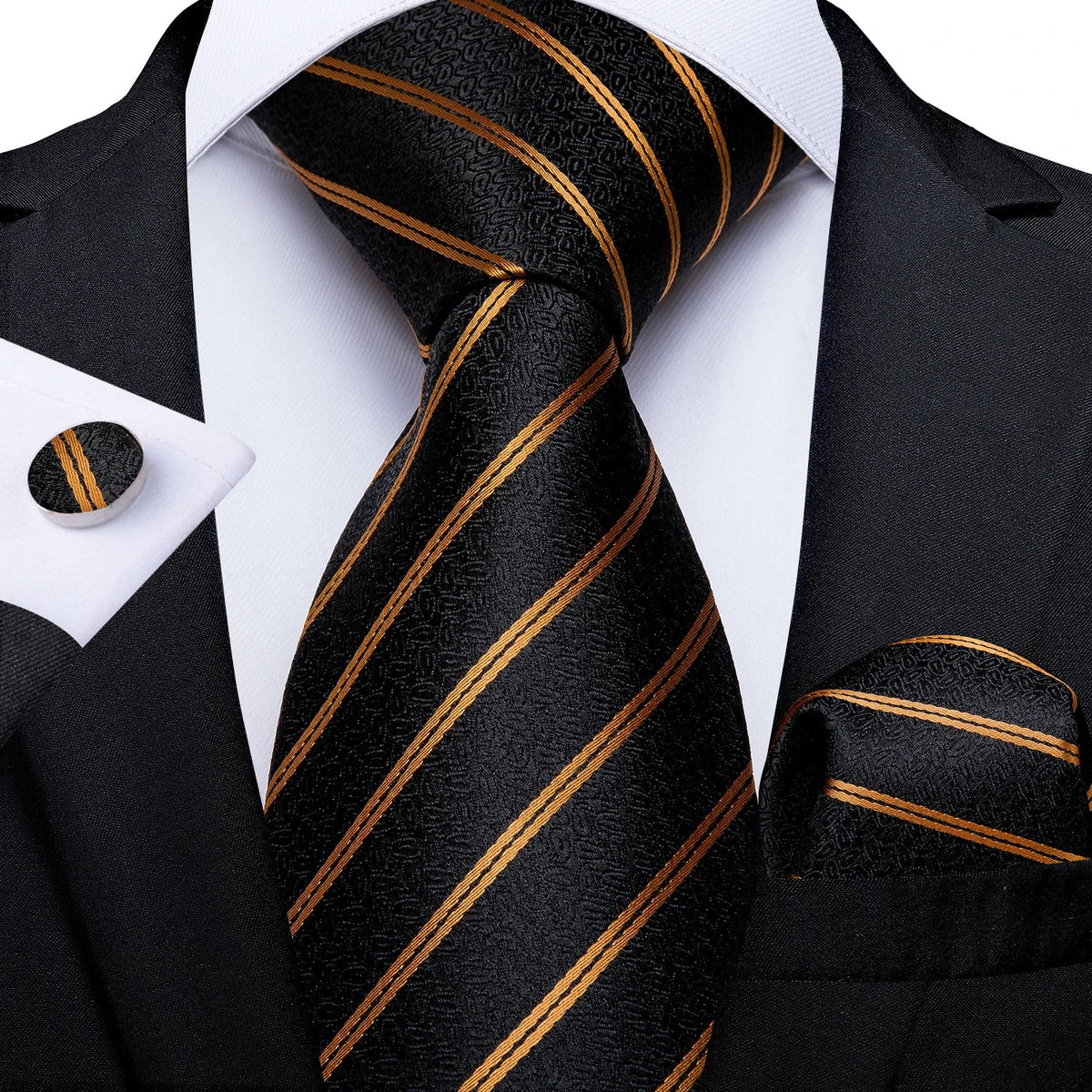 Luxury black and gold paisley silk tie set with matching pocket square and cufflinks, men's accessories by The Clothing Company Sydney.