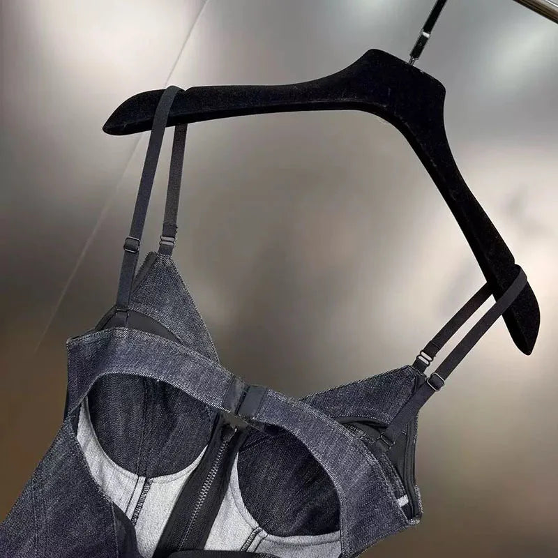 Trendy Patchwork Mesh Denim Camisole Vest For Women Outwear Backless Tank Top
