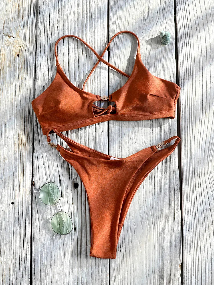 Two-piece push-up bikini set from The Clothing Company Sydney featuring a hollow-out design, low waist, and string-style swimwear.