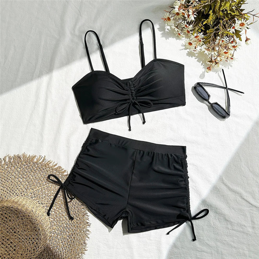 High-waist wrinkled knotted bikini set by The Clothing Company Sydney, featuring a stylish two-piece swimsuit for women.