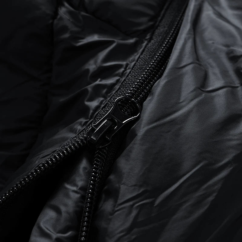 Men's hooded casual puffer down jacket by The Clothing Company Sydney, shown in black with quilted design and front zipper.