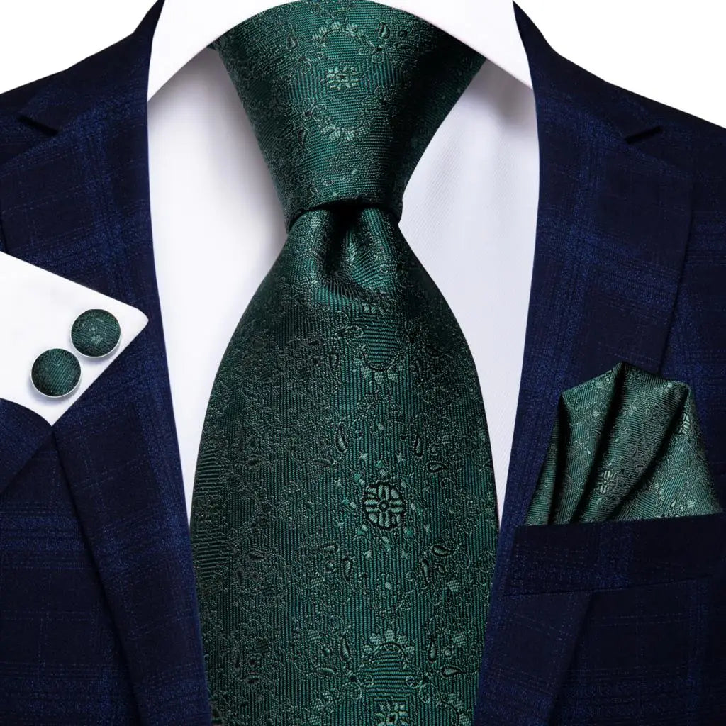 Green paisley silk tie set for men featuring a necktie, pocket square, and cufflinks, from The Clothing Company Sydney.