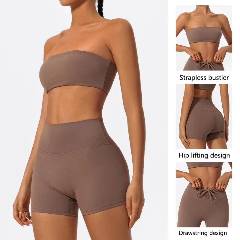 Two-piece women's fitness sports set with strapless bra and yoga crop top, perfect for workout and gym activities.