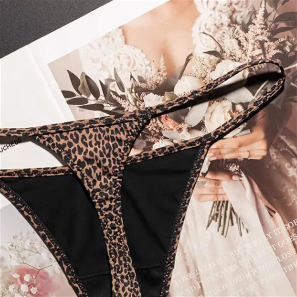 Leopard print high slit thong underwear by The Clothing Company Sydney, seamless ice silk G-string, plus size fitness wear.