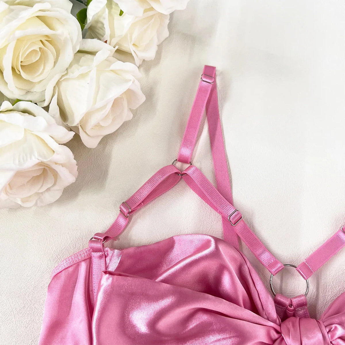 Bowknot Lingerie Open Bra Lace Up Underwear 3-Piece Satin Outfit Set The Clothing Company Sydney