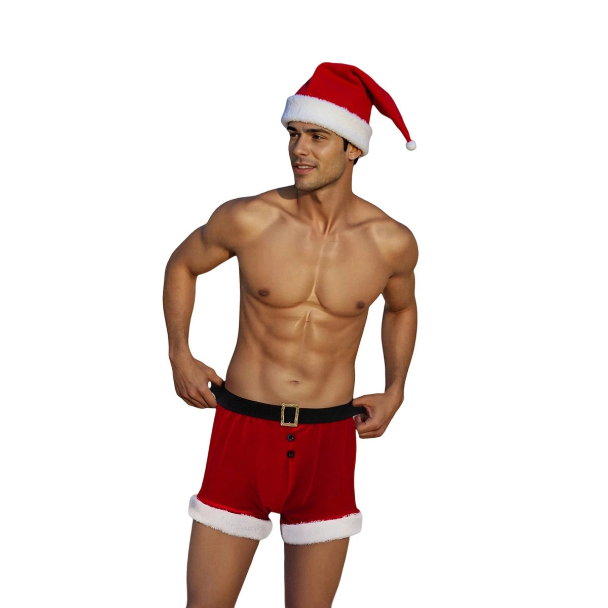 Men's Christmas lingerie set featuring red and white boxer briefs with Santa hat, holiday underwear from The Clothing Company Sydney.