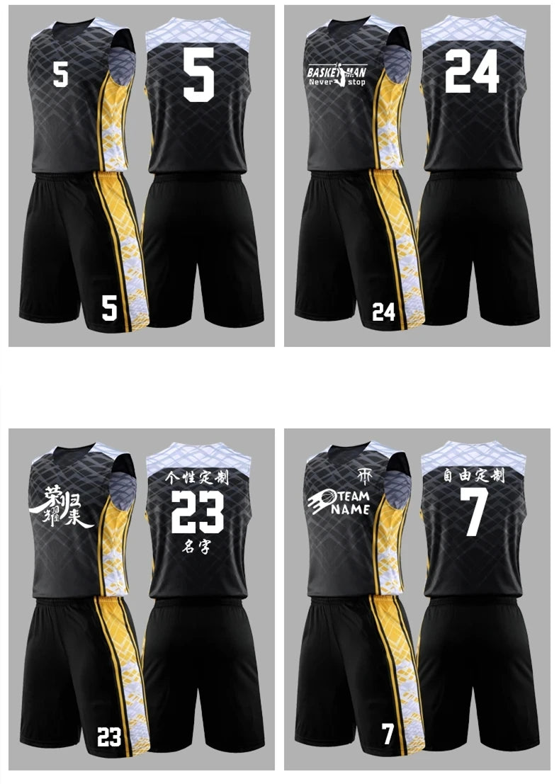 Customized reversible basketball jersey set for men, women, and kids with quick-drying fabric, including jersey top and shorts.