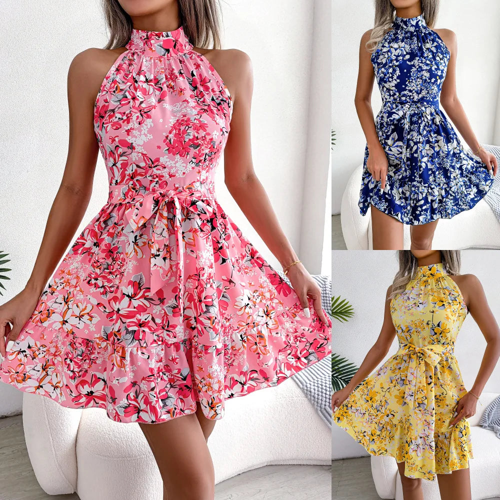 Summer women’s floral print bandage beach sundress with halter neckline, casual style, from The Clothing Company Sydney.