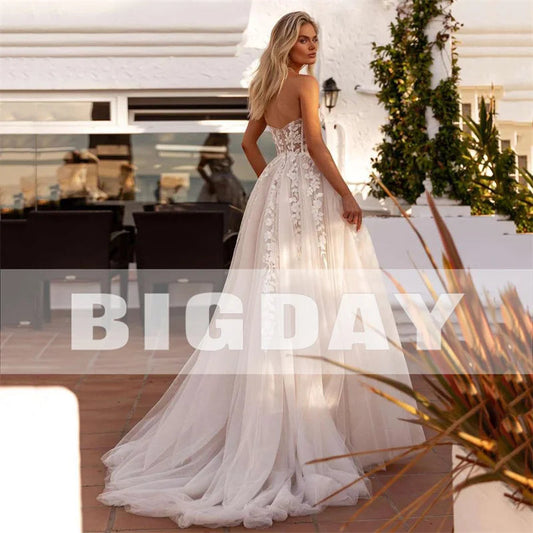 Elegant A-Line Wedding Dress Women Lace Sweetheart Tulle Open Back Slit Strapless Bridal Gown Sweep Customized Dress The Clothing Company Sydney