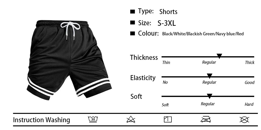 2 in 1 Summer Men's Sports Elastic Waist Basketball Training Shorts Fitness Running Breathable Quick Dry Sportswear Bottoms
