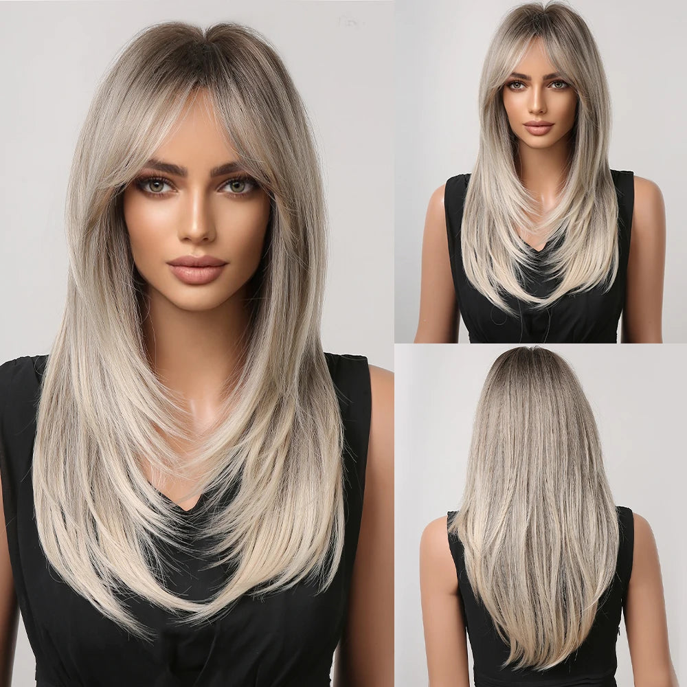 Long layered synthetic wig with black and pink ombre, straight style, mixed colors, suitable for cosplay and women's fashion.