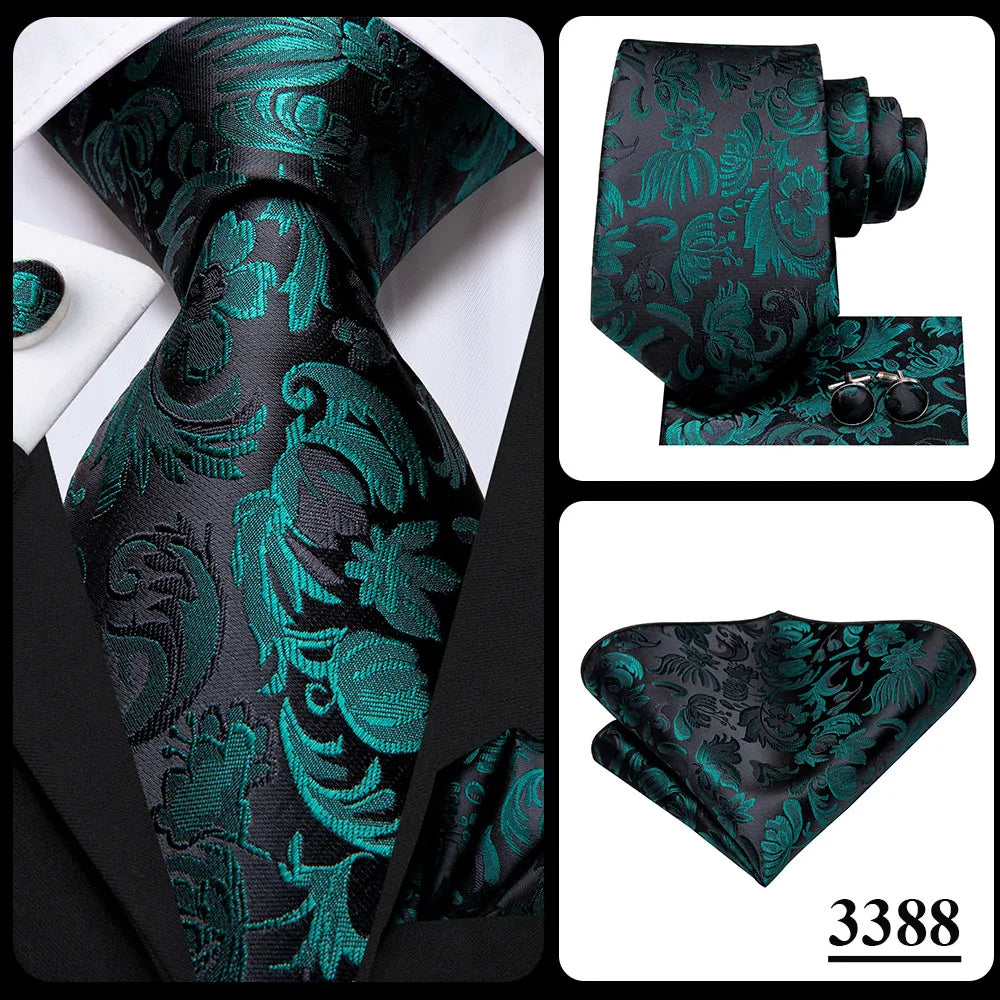 Green paisley silk tie set for men including necktie, pocket square, and cufflinks, by The Clothing Company Sydney.