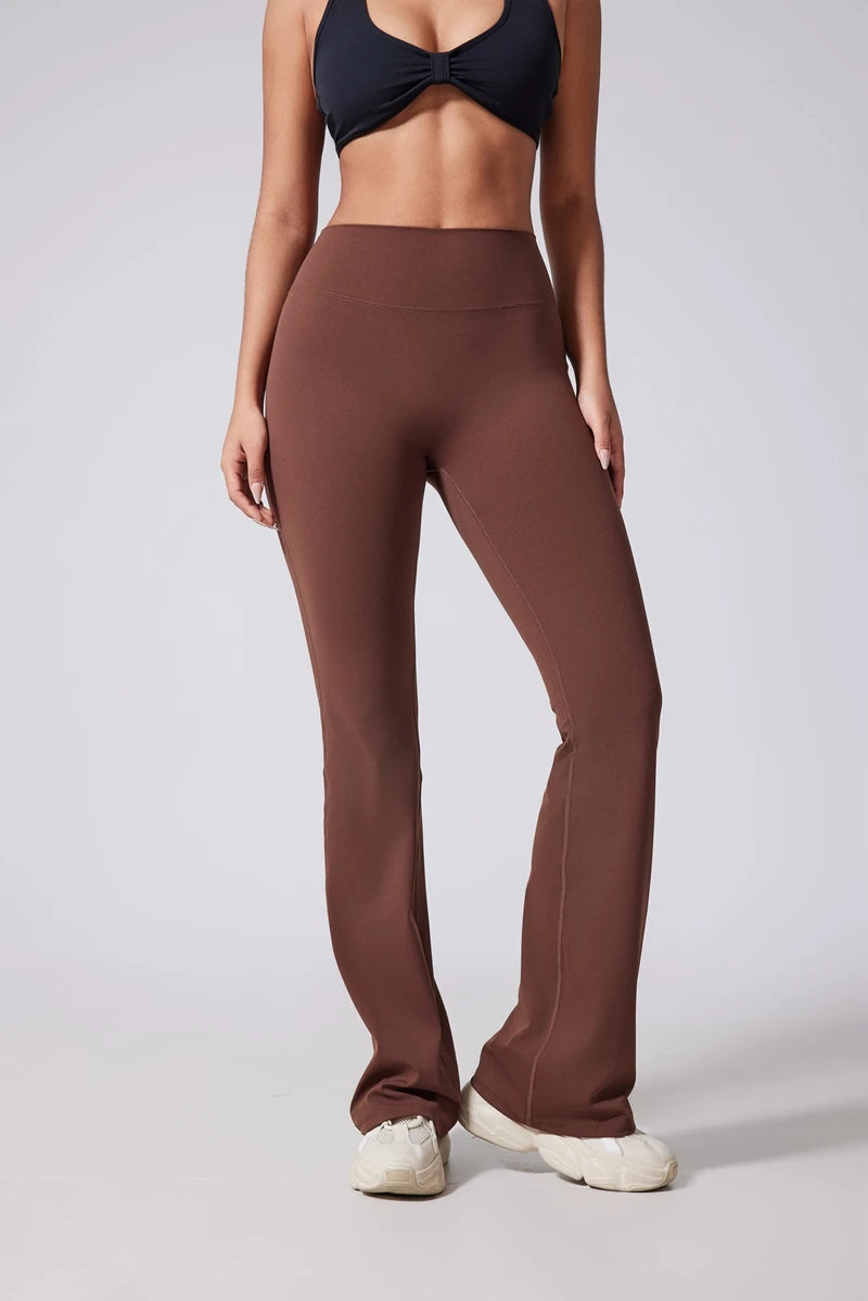 Women's high-waisted flared yoga pants by The Clothing Company Sydney, featuring wide-leg fit and micro flare for fitness and casual wear.
