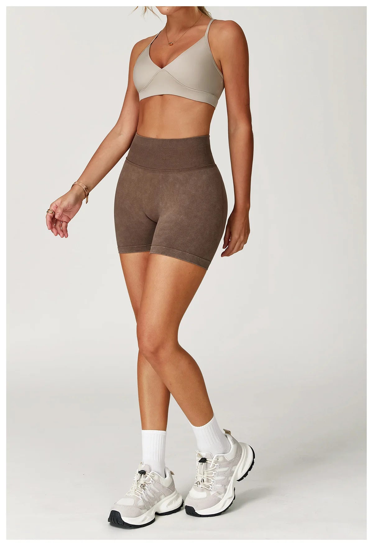 Sand washed high waist yoga bicycle shorts for women by The Clothing Company Sydney, ideal for fitness, running, and gym workouts.