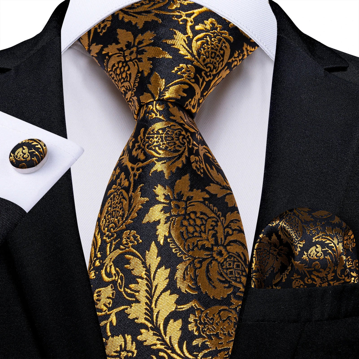 Luxury black and gold paisley silk tie set with matching pocket square and cufflinks, men's accessories from The Clothing Company Sydney.