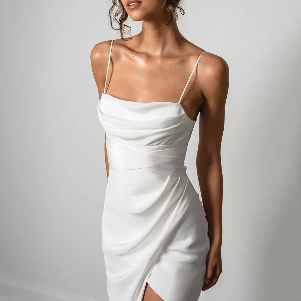 Customized Simple Mermaid White Spaghetti Straps High Slit Satin Backless Plain Bridal Gown Sweep Train Wedding Dress The Clothing Company Sydney