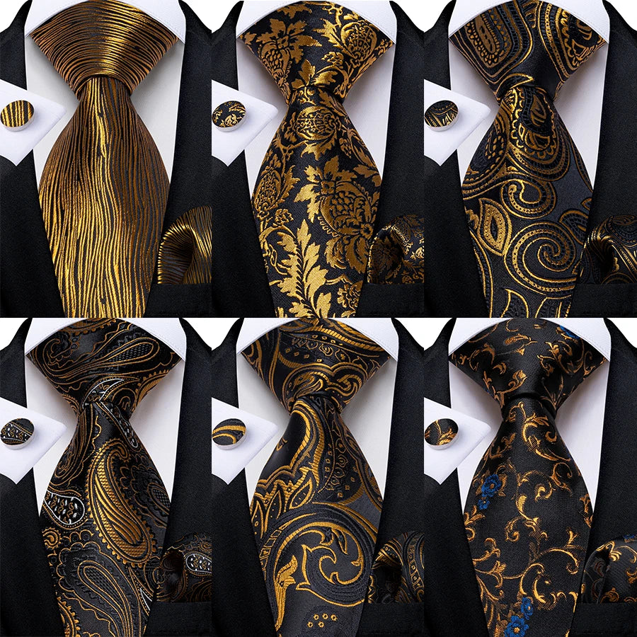 Luxury black and gold paisley silk tie set with matching pocket square and cufflinks, men's accessories by The Clothing Company Sydney.