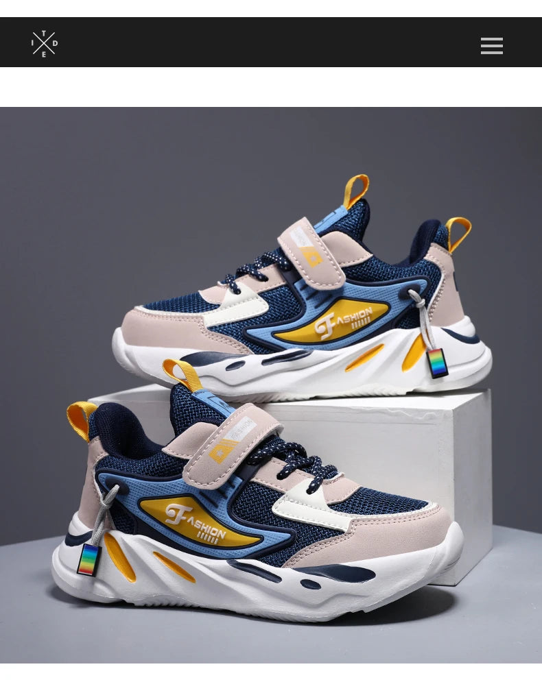 Kids' breathable mesh sneakers by The Clothing Company Sydney, lightweight non-slip sports shoes with hook and loop closure for ages 7–13.