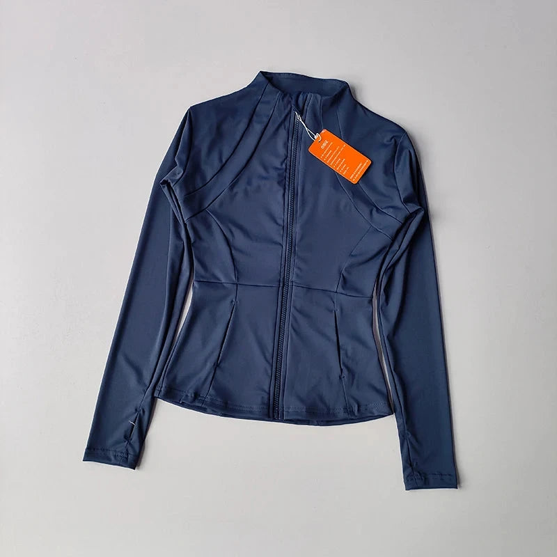 Women’s slim fit fitness sports jacket from The Clothing Company Sydney, long sleeve zip-up yoga and workout top, warm activewear coat.