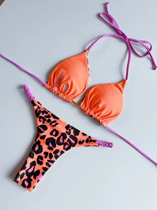 Women's Braided rope Micro Bikinis Swimsuit Leopard Print Beach Bathing Suit - The Clothing Company Sydney