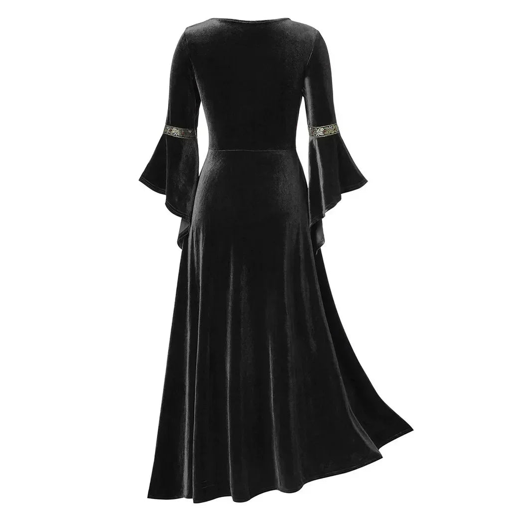 Long sleeve Gothic vampire witch cosplay dress with Victorian bandage style, vintage medieval Halloween costume by The Clothing Company Sydney.