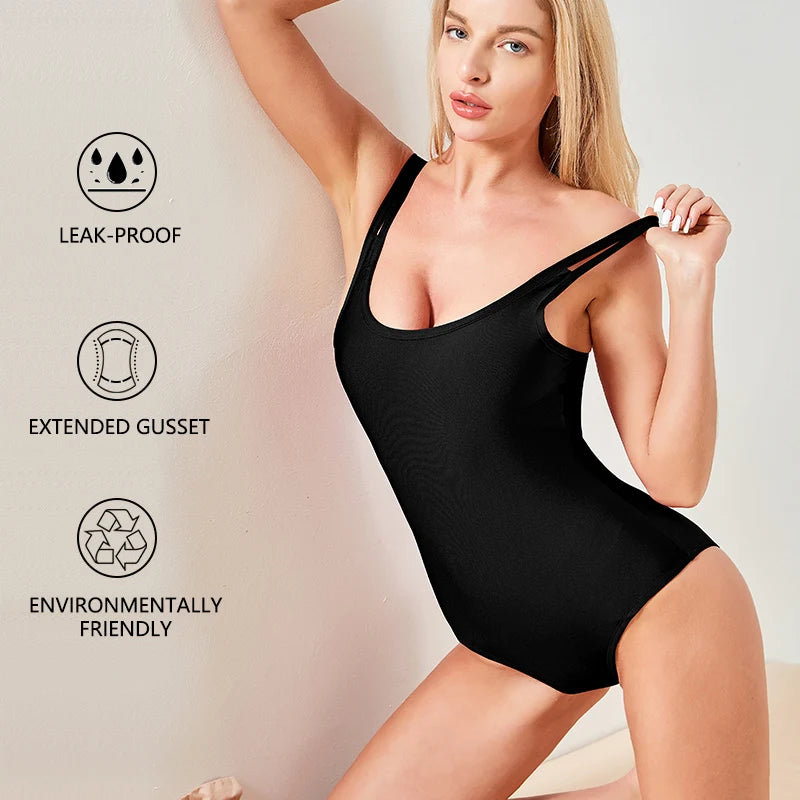 Men's menstrual swimsuit by The Clothing Company Sydney, one-piece leak-proof swimwear with absorbent period protection for women.