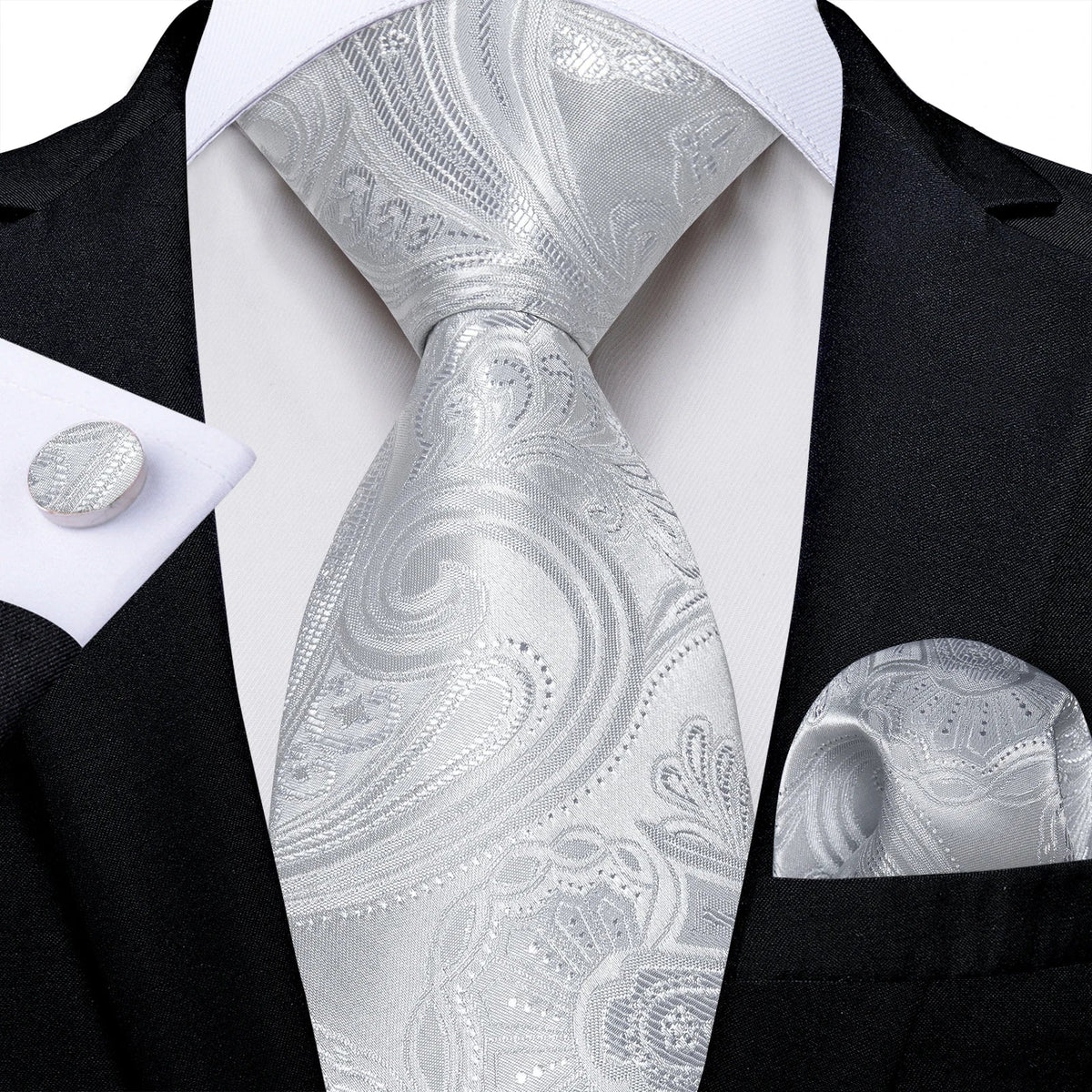 Men's gray paisley silk tie set with pocket square and cufflinks, perfect for wedding attire by The Clothing Company Sydney