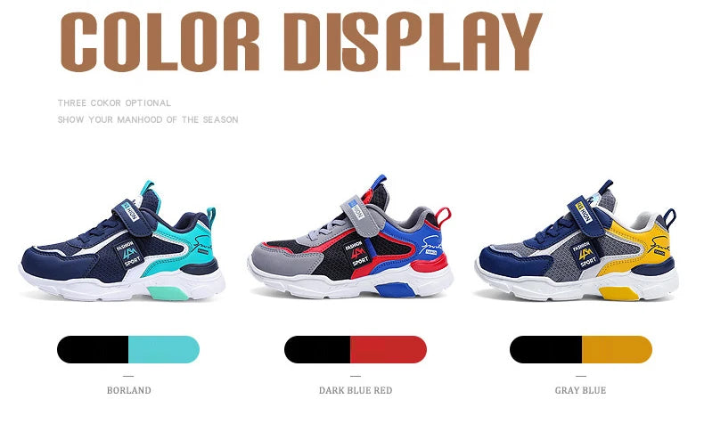Kids’ breathable summer sneakers by The Clothing Company Sydney, mesh running shoes with hook and loop straps for boys and girls.