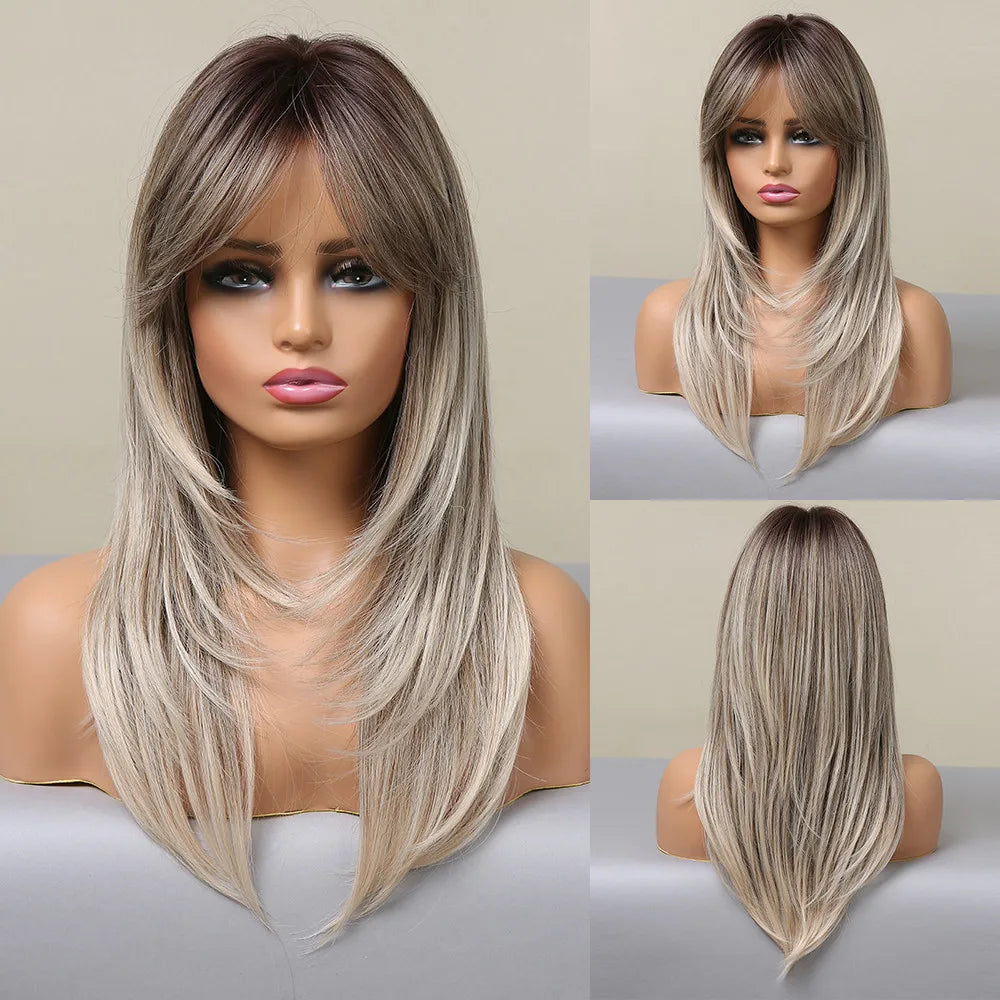 Long layered straight synthetic wig with black and pink ombre coloring, styled for cosplay, by The Clothing Company Sydney.
