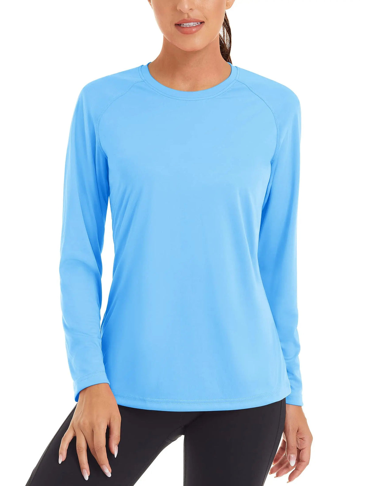 Women's UPF 50+ quick dry long sleeve T-shirt by The Clothing Company Sydney, UV protection swim pullover for summer fitness.