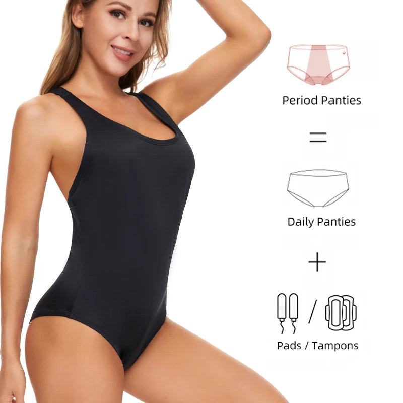 Men’s menstrual swimsuit by The Clothing Company Sydney, one-piece leak-proof swimwear with absorbent fabric for period protection at the beach.