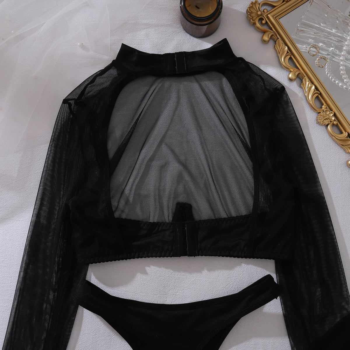 4 Piece Lingerie See Through Long Sleeve Top Brief with Stockings Intimate Party Night Outfit Set The Clothing Company Sydney