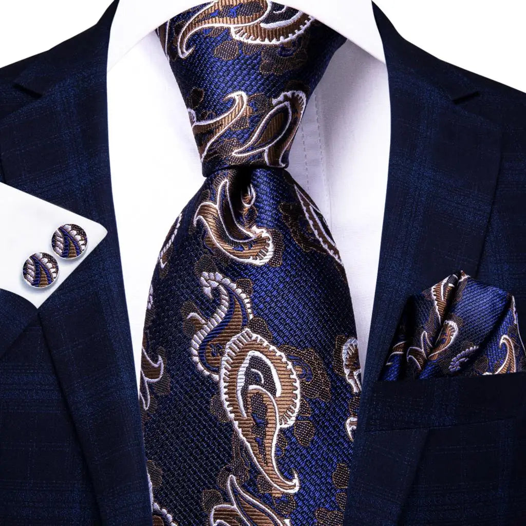 Blue paisley silk tie set with matching cufflinks and pocket hanky, stylish accessories for men by The Clothing Company Sydney.