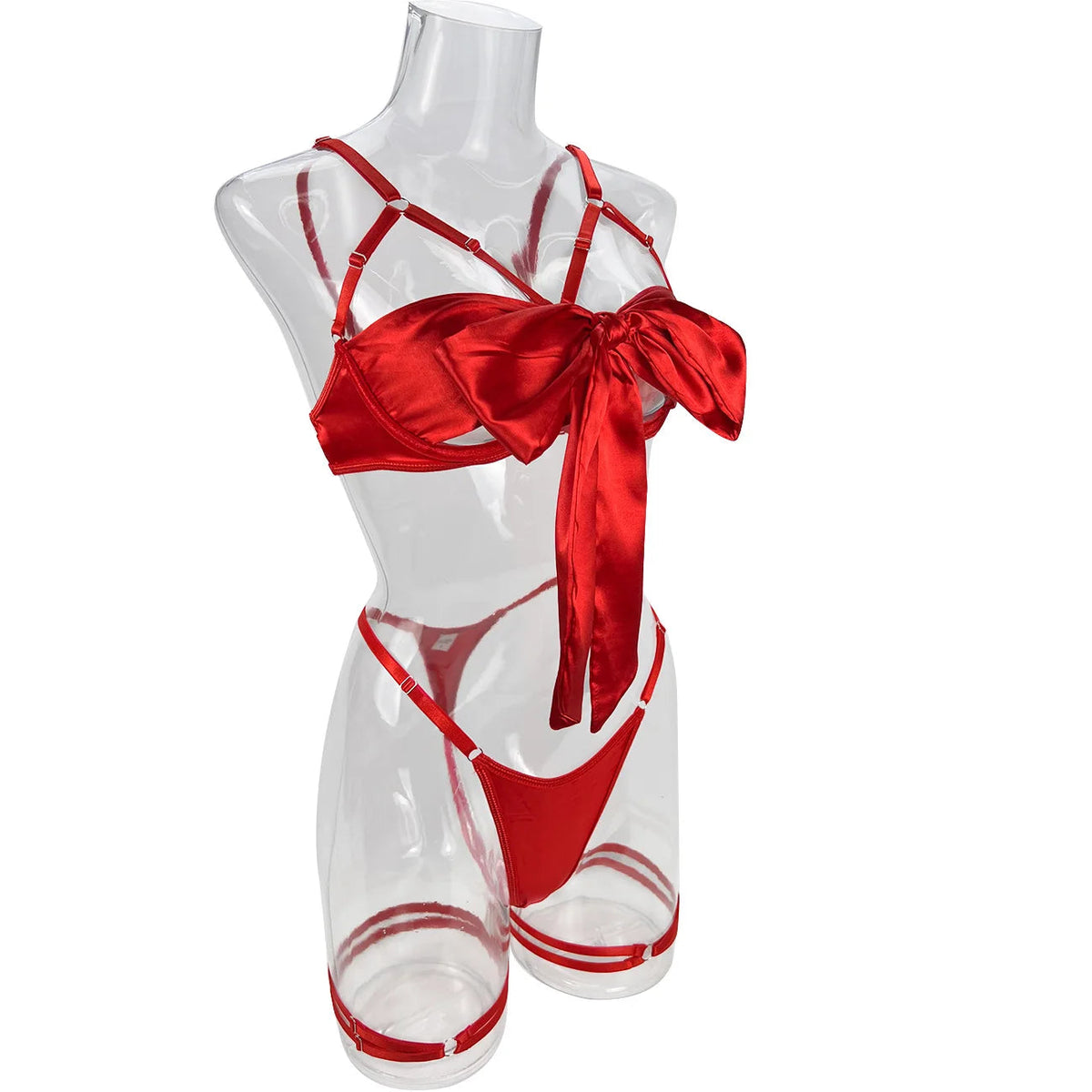 Bowknot Lingerie Open Bra Lace Up Underwear 3-Piece Satin Outfit Set The Clothing Company Sydney